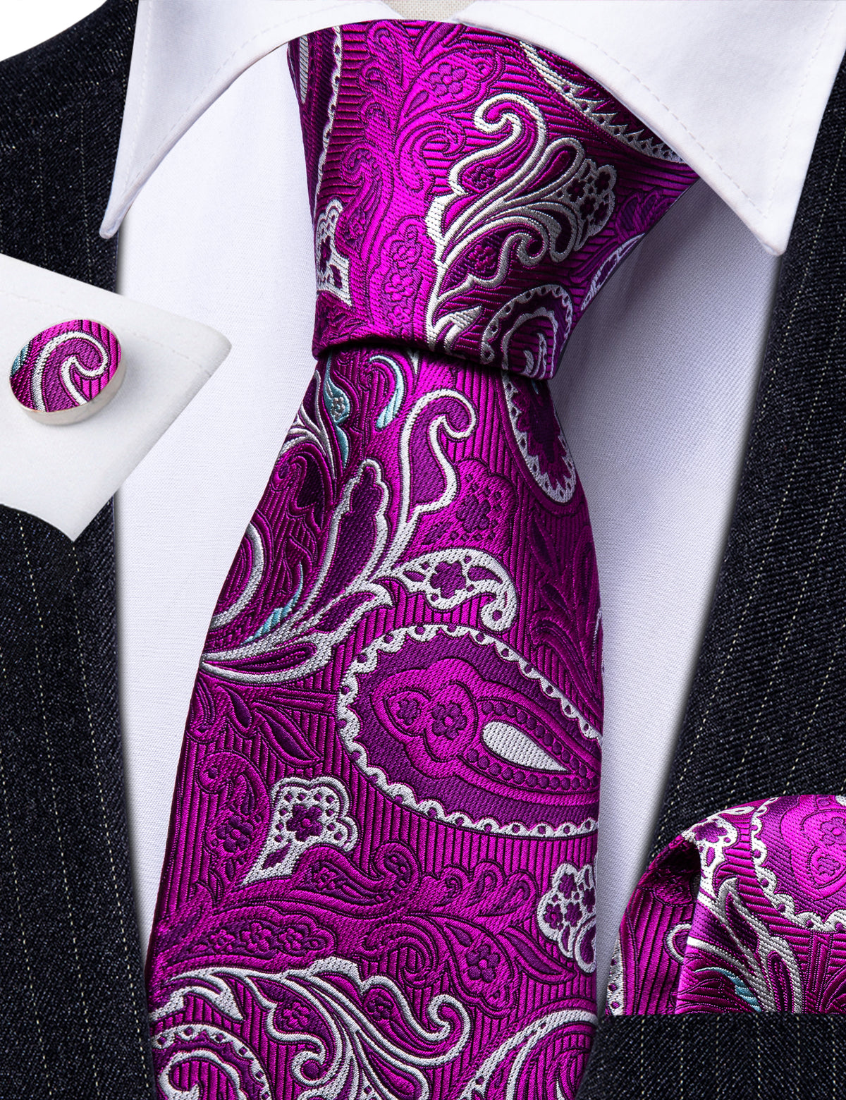 Purple White Paisley Silk Tie, Pocket Square and Cufflinks Set tie sets - Sophisticated Gentlemen
