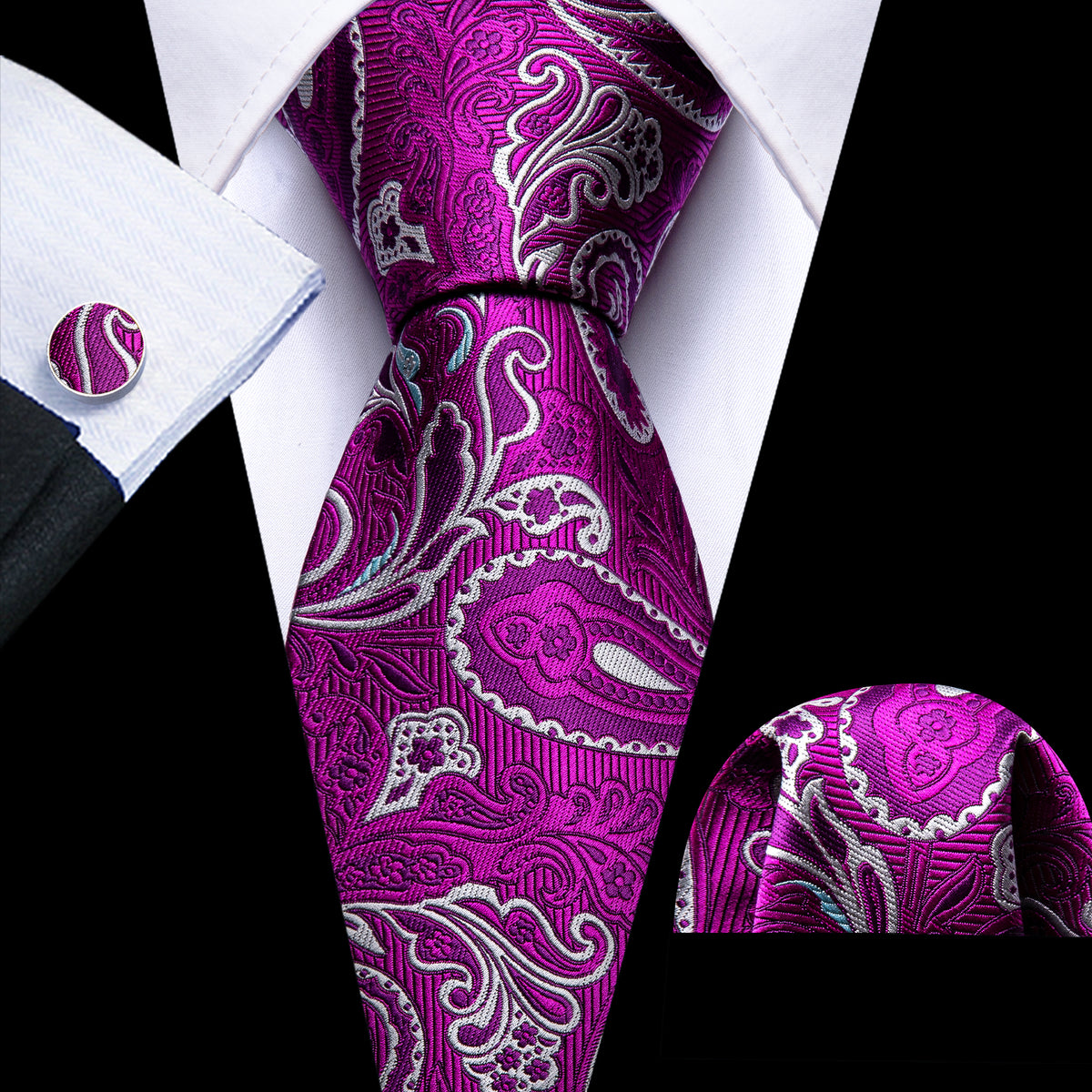 Purple White Paisley Silk Tie, Pocket Square and Cufflinks Set tie sets - Sophisticated Gentlemen