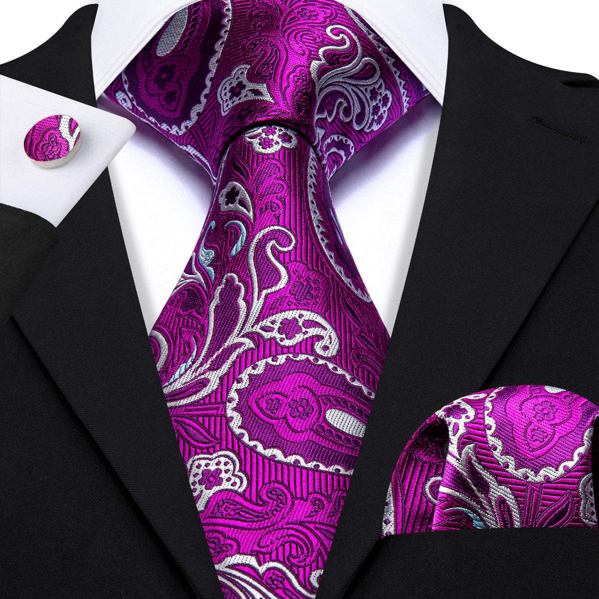 Purple White Paisley Silk Tie, Pocket Square and Cufflinks Set tie sets - Sophisticated Gentlemen