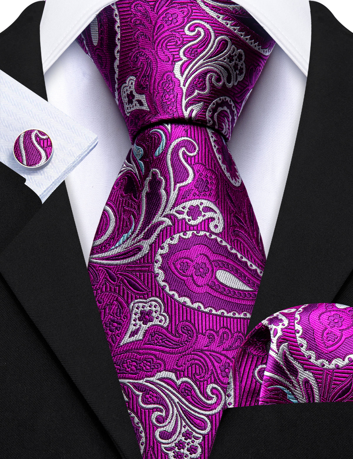 Purple White Paisley Silk Tie, Pocket Square and Cufflinks Set tie sets - Sophisticated Gentlemen