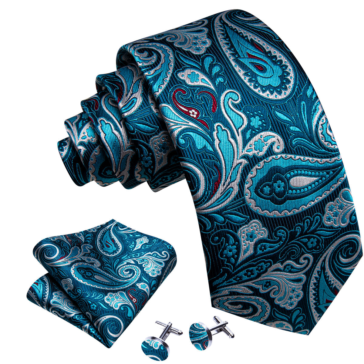 Pale Blue Paisley Silk Tie, Pocket Square and Cufflinks Set tie sets - Sophisticated Gentlemen