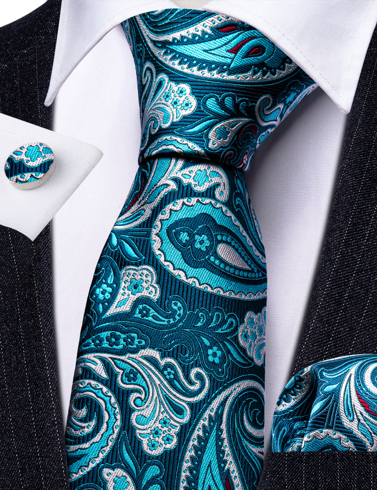 Pale Blue Paisley Silk Tie, Pocket Square and Cufflinks Set tie sets - Sophisticated Gentlemen
