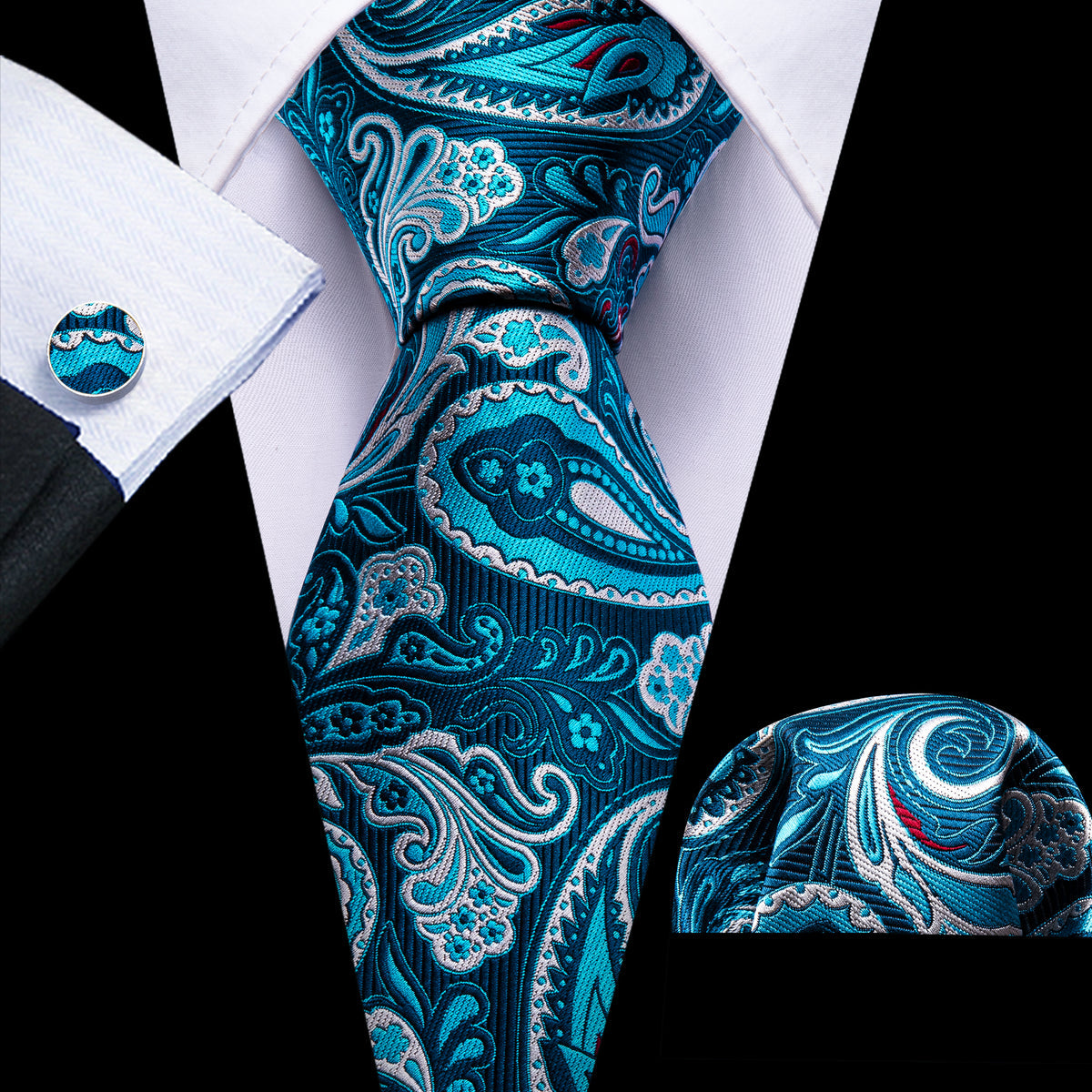 Pale Blue Paisley Silk Tie, Pocket Square and Cufflinks Set tie sets - Sophisticated Gentlemen