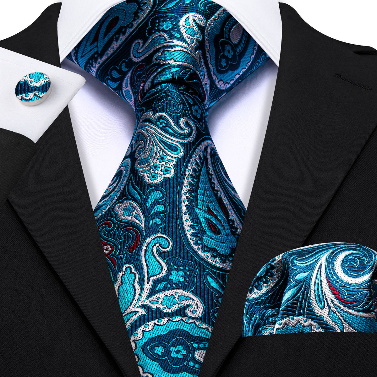 Pale Blue Paisley Silk Tie, Pocket Square and Cufflinks Set tie sets - Sophisticated Gentlemen