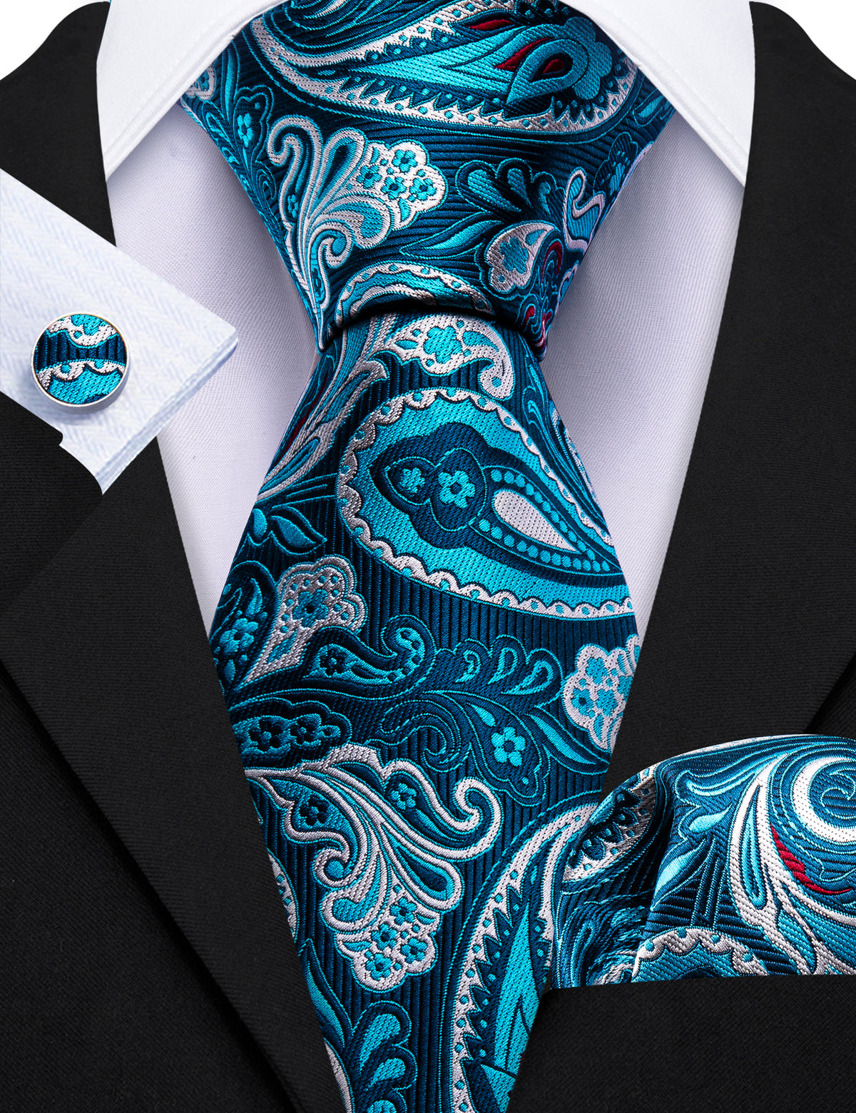 Pale Blue Paisley Silk Tie, Pocket Square and Cufflinks Set tie sets - Sophisticated Gentlemen