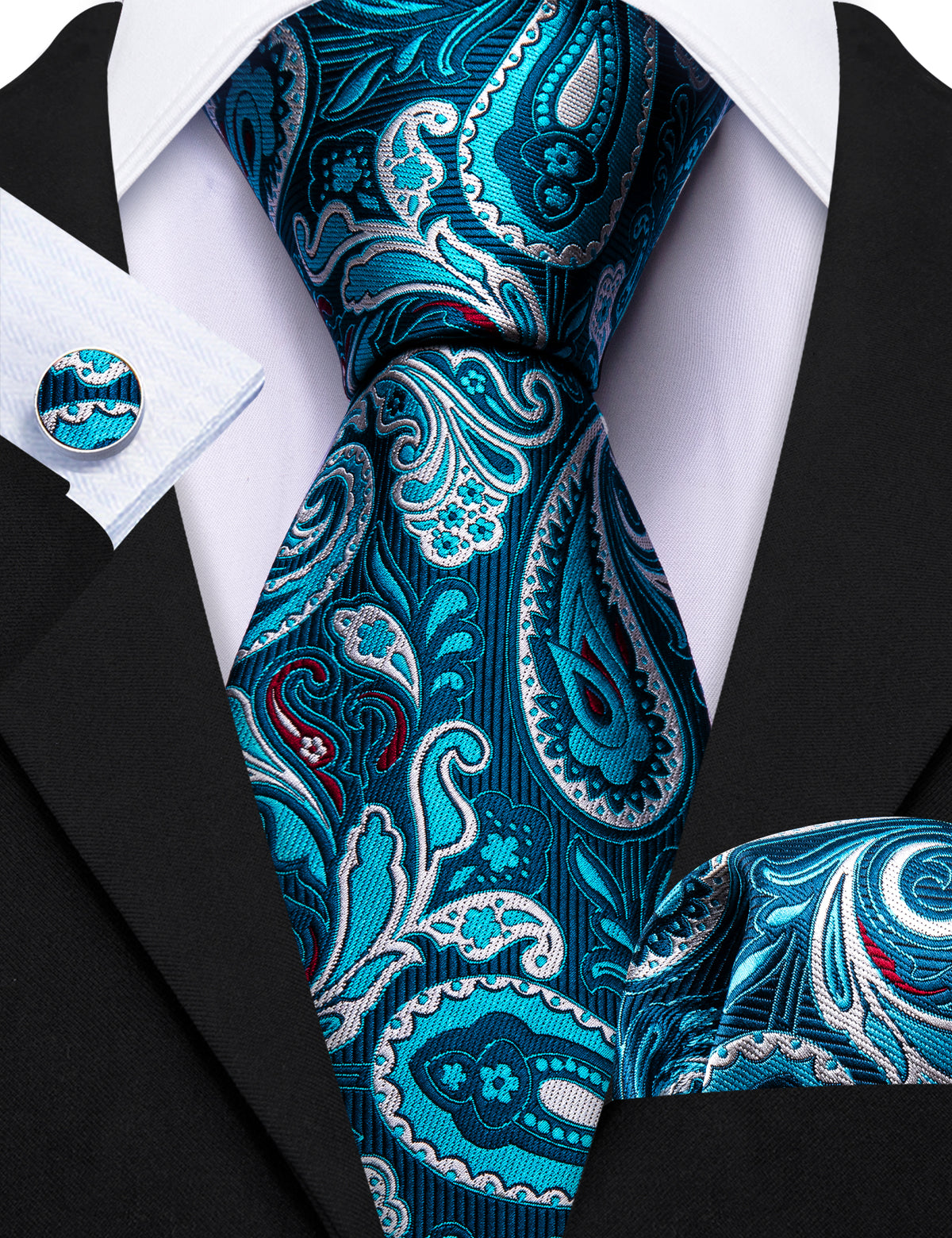 Pale Blue Paisley Silk Tie, Pocket Square and Cufflinks Set tie sets - Sophisticated Gentlemen
