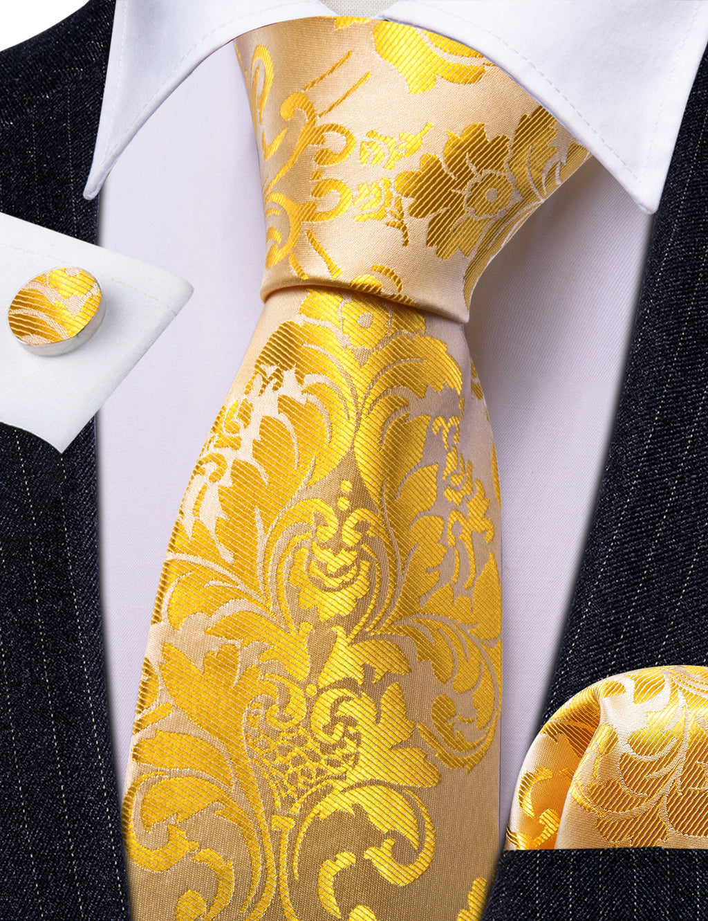 Yellow Gold Paisley Silk Tie, Pocket Square and Cufflinks Set tie sets - Sophisticated Gentlemen