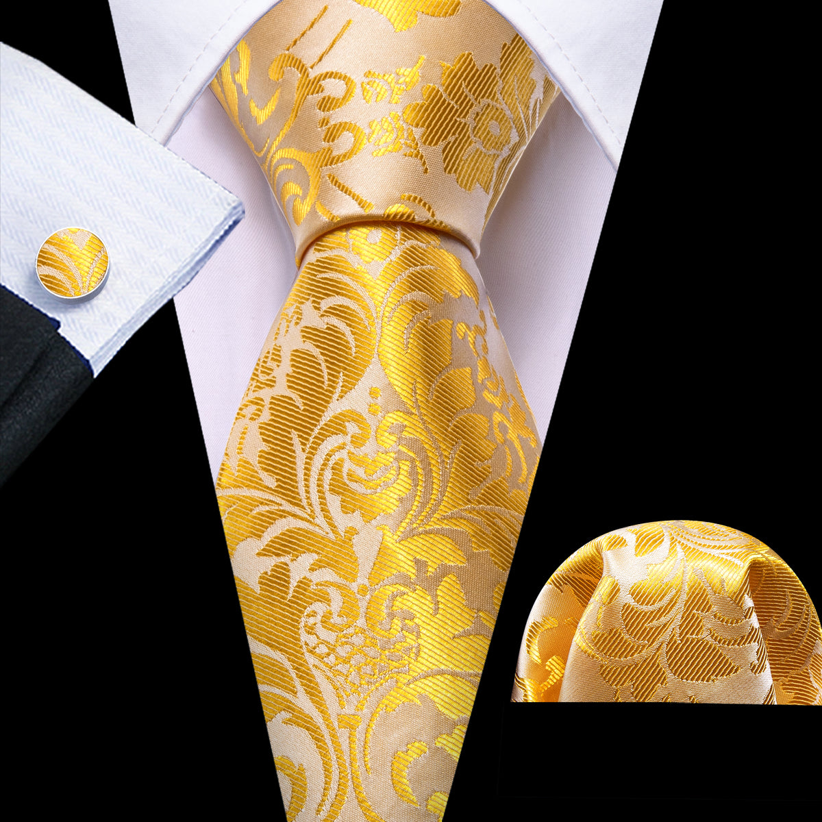 Yellow Gold Paisley Silk Tie, Pocket Square and Cufflinks Set tie sets - Sophisticated Gentlemen