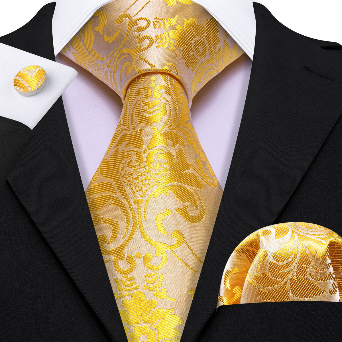 Yellow Gold Paisley Silk Tie, Pocket Square and Cufflinks Set tie sets - Sophisticated Gentlemen