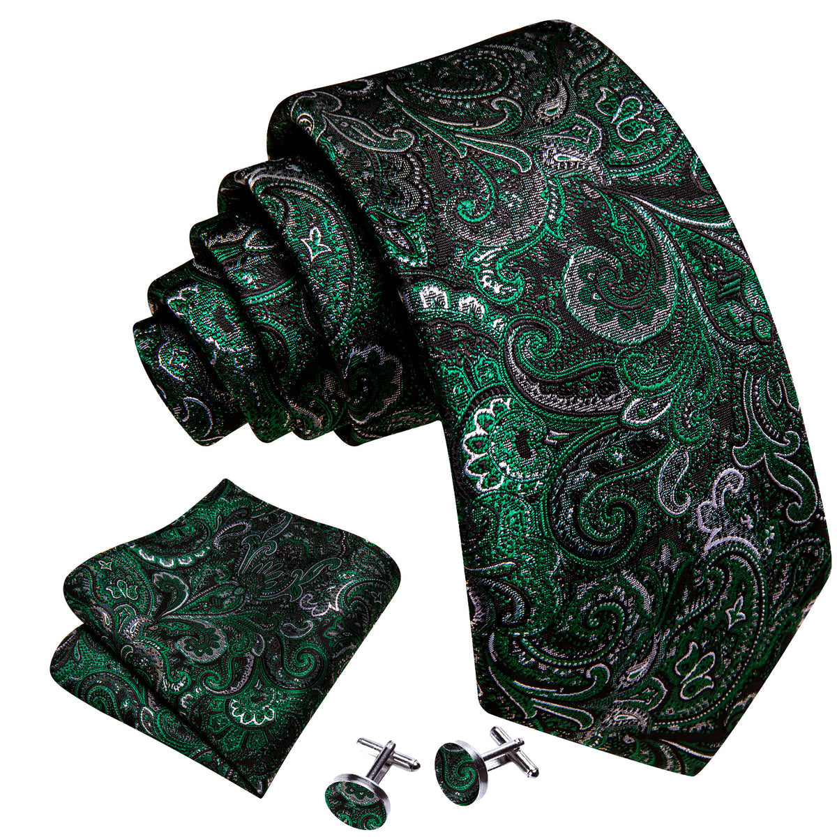 Black & Forest Green Paisley Silk Tie, Pocket Square & Cufflinks Set tie sets - Sophisticated Gentlemen