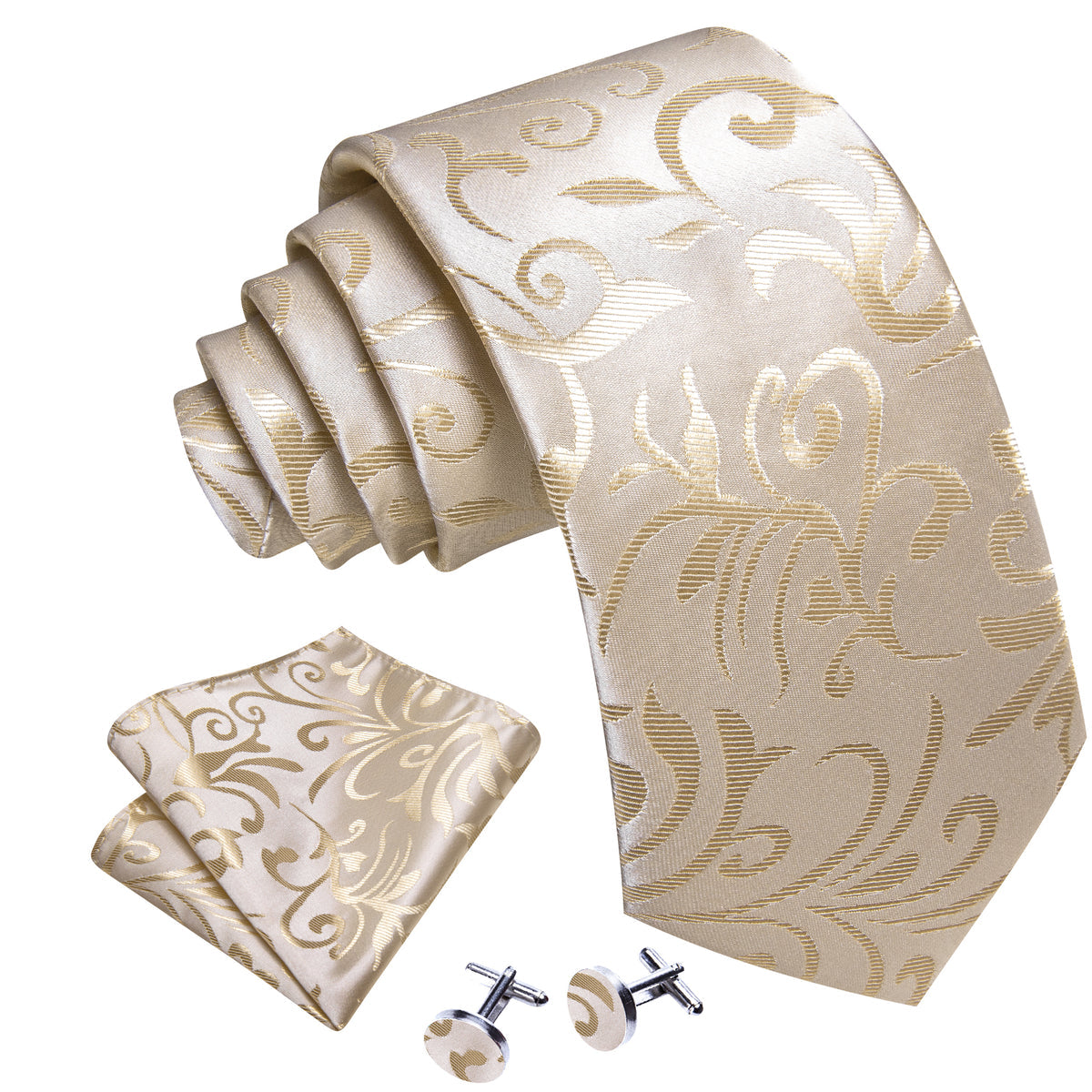 Tan Floral Silk Tie, Pocket Square and Cufflinks Set tie sets - Sophisticated Gentlemen