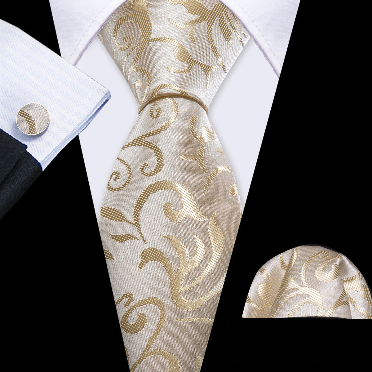 Tan Floral Silk Tie, Pocket Square and Cufflinks Set tie sets - Sophisticated Gentlemen