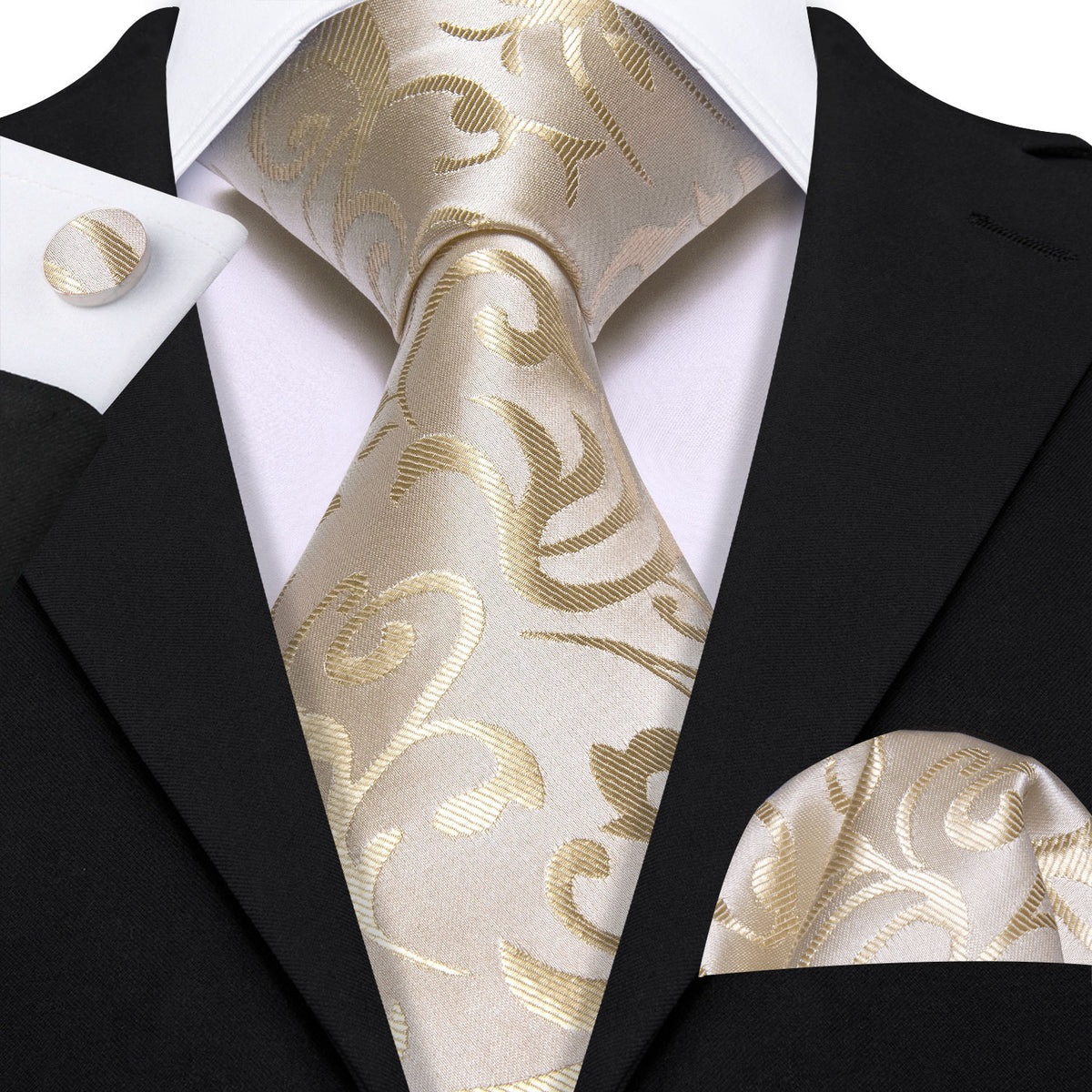 Tan Floral Silk Tie, Pocket Square and Cufflinks Set tie sets - Sophisticated Gentlemen