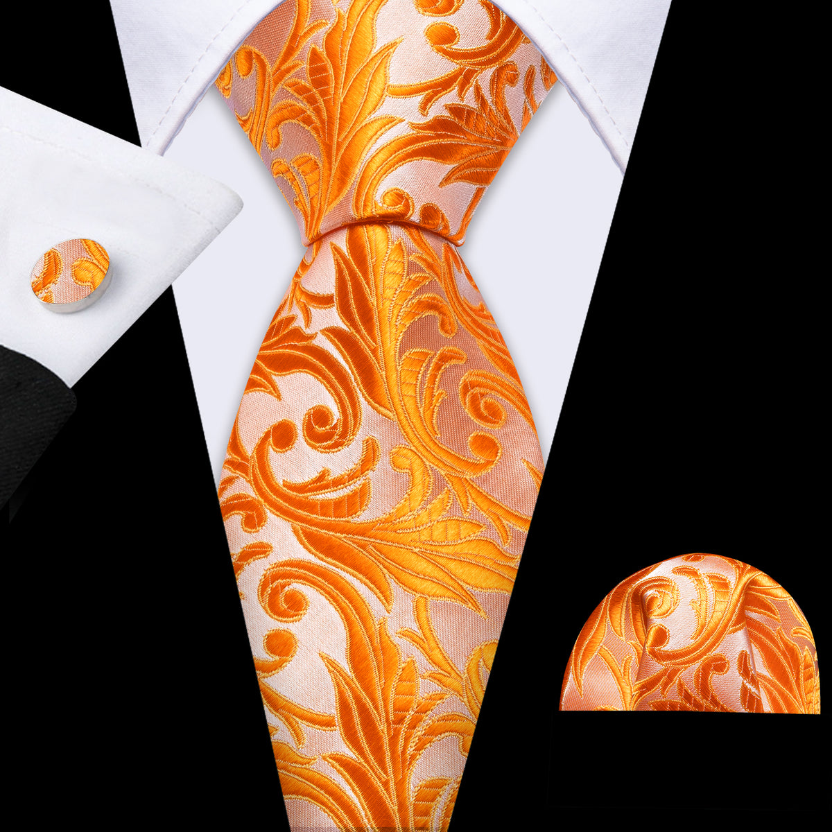 Orange Floral Silk Tie, Pocket Square and Cufflinks Set tie sets - Sophisticated Gentlemen
