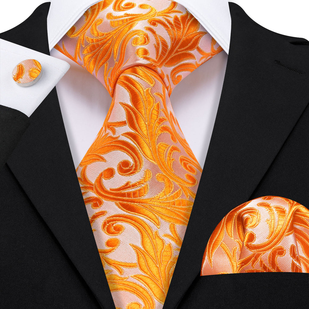 Orange Floral Silk Tie, Pocket Square and Cufflinks Set tie sets - Sophisticated Gentlemen