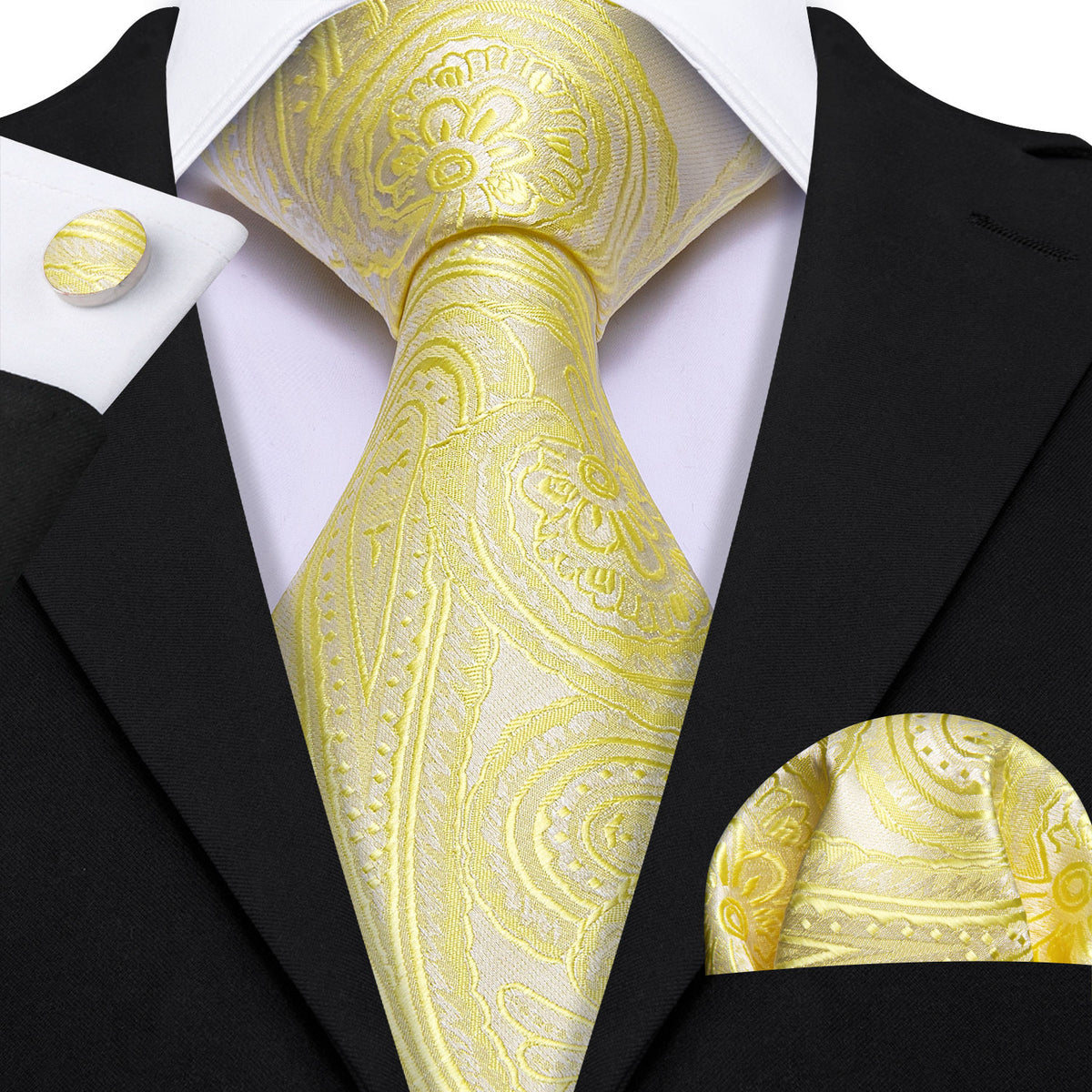 Yellow Paisley Silk Tie, Pocket Square and Cufflinks Set tie sets - Sophisticated Gentlemen