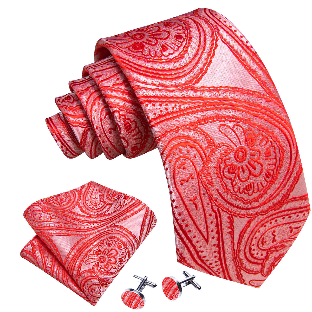 Light Red Paisley Silk Tie, Pocket Square and Cufflinks Set tie sets - Sophisticated Gentlemen