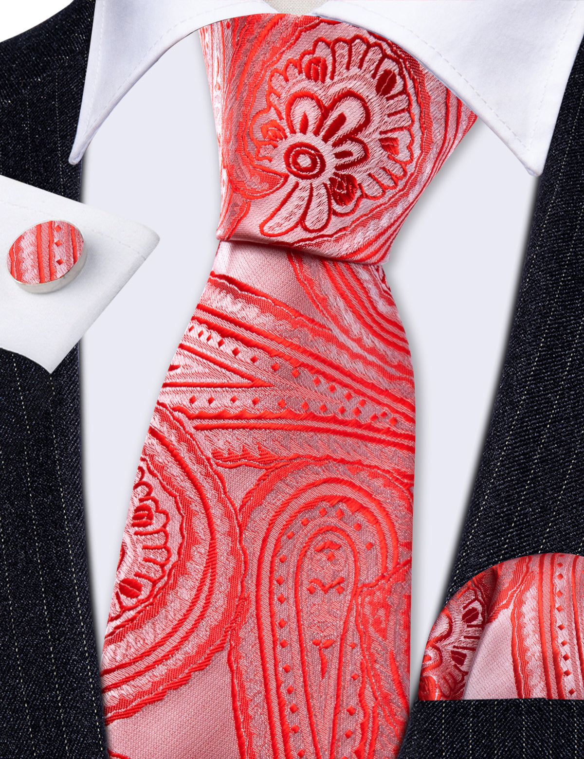 Light Red Paisley Silk Tie, Pocket Square and Cufflinks Set tie sets - Sophisticated Gentlemen