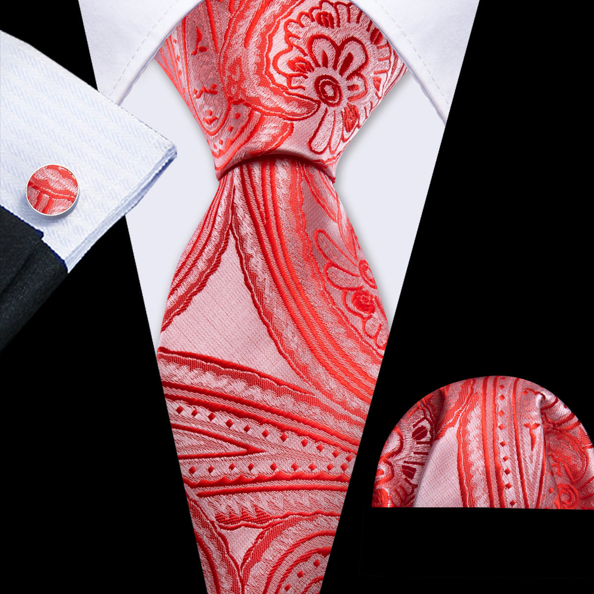 Light Red Paisley Silk Tie, Pocket Square and Cufflinks Set tie sets - Sophisticated Gentlemen