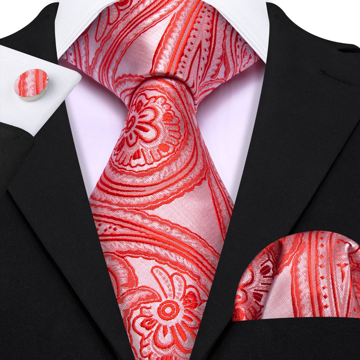 Light Red Paisley Silk Tie, Pocket Square and Cufflinks Set tie sets - Sophisticated Gentlemen