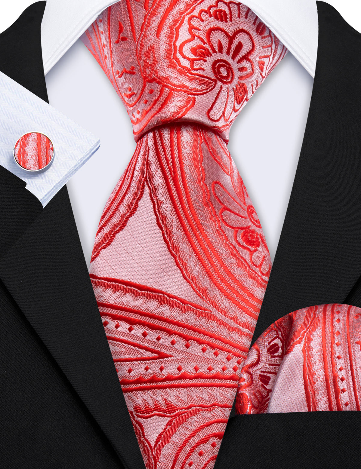 Light Red Paisley Silk Tie, Pocket Square and Cufflinks Set tie sets - Sophisticated Gentlemen