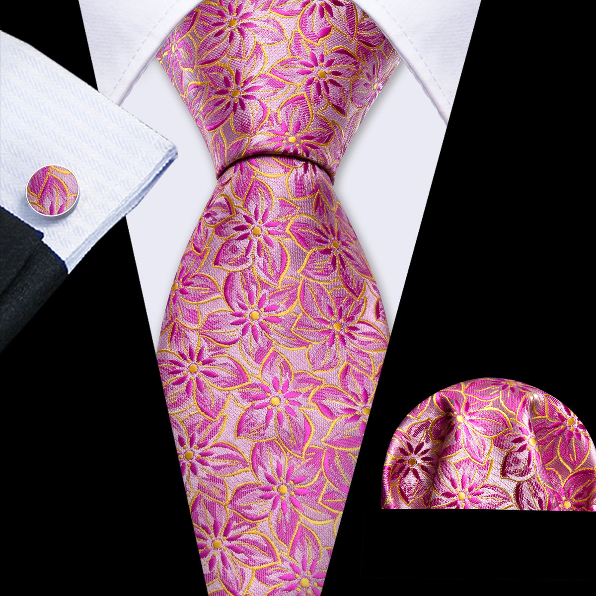 Pink Peach Blossom Jacquard Silk Tie, Pocket Square and Cufflinks Set tie sets - Sophisticated Gentlemen