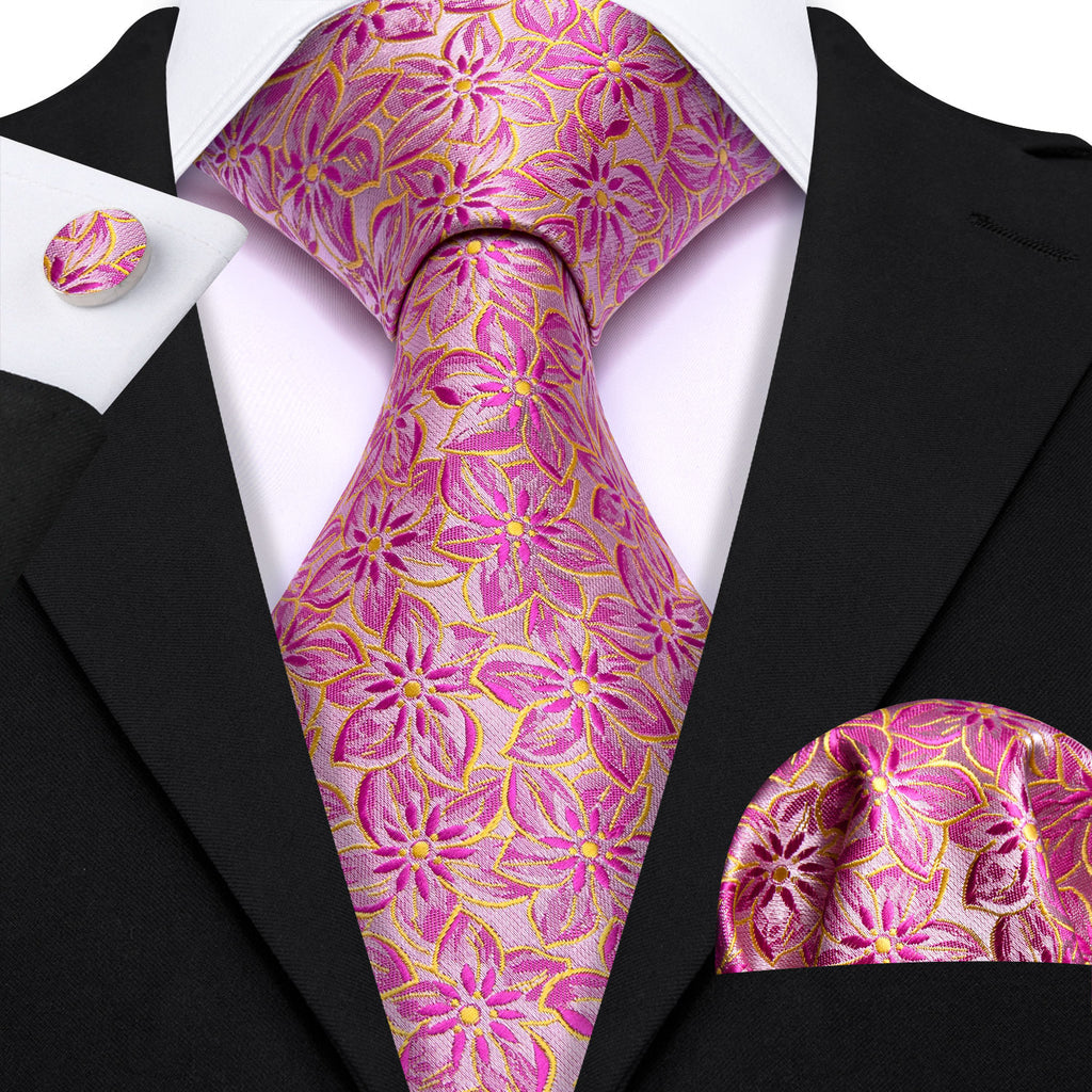 Pink Peach Blossom Jacquard Silk Tie, Pocket Square and Cufflinks Set tie sets - Sophisticated Gentlemen