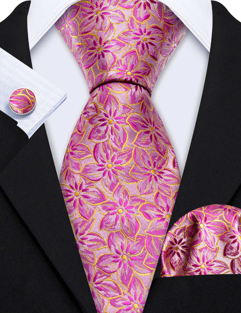 Pink Peach Blossom Jacquard Silk Tie, Pocket Square and Cufflinks Set tie sets - Sophisticated Gentlemen