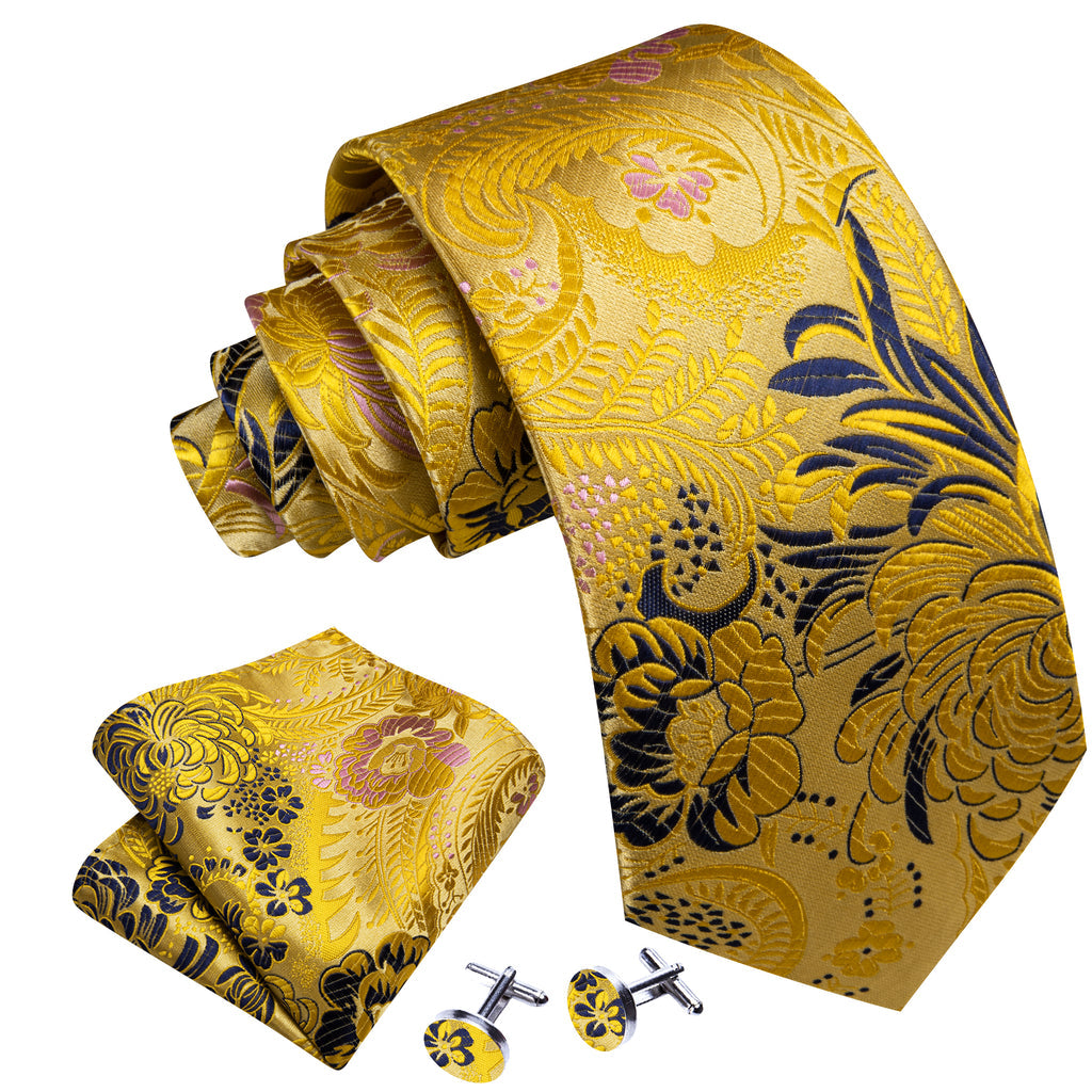 Gold Blue Floral Silk Tie, Pocket Square and Cufflinks Set tie sets - Sophisticated Gentlemen