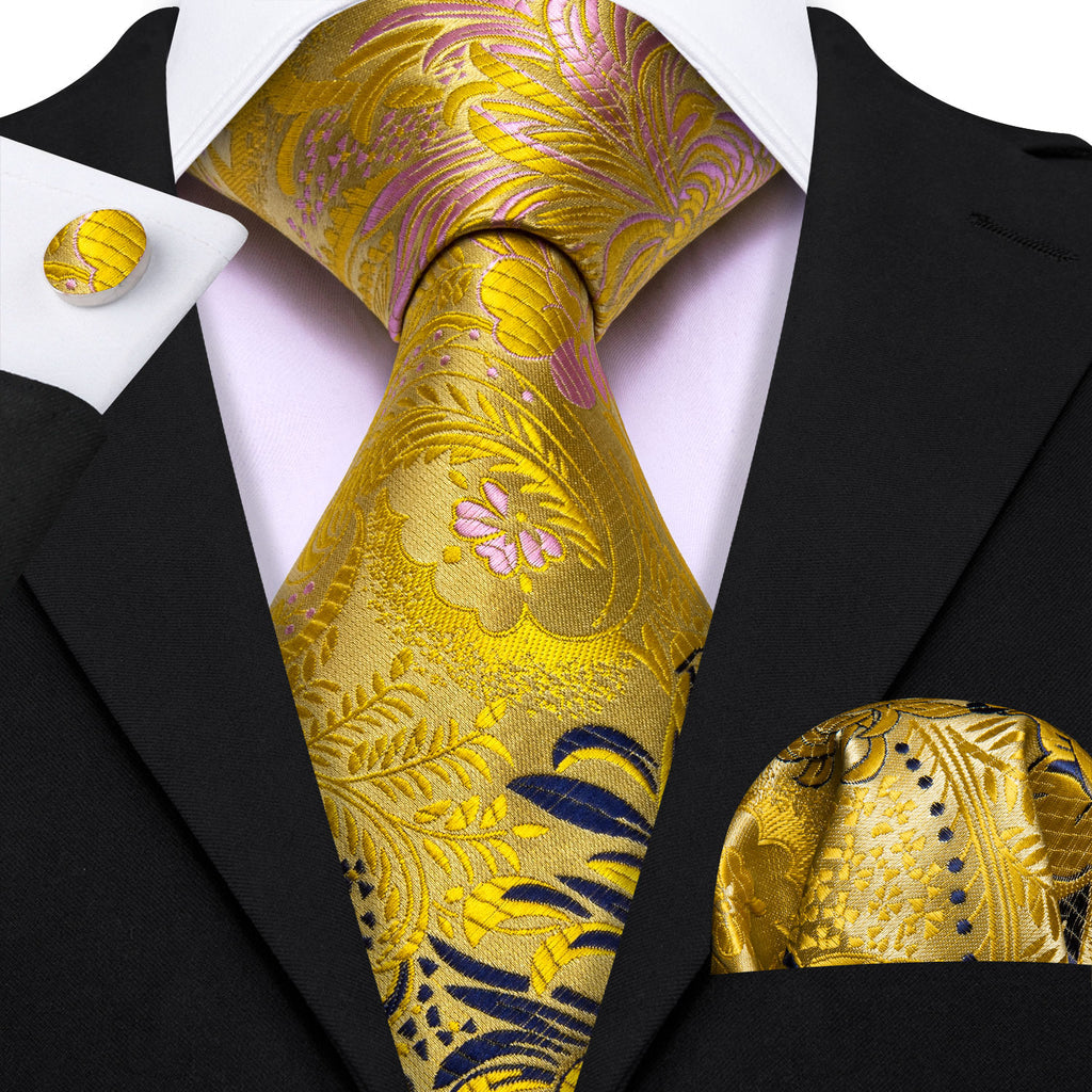 Gold Blue Floral Silk Tie, Pocket Square and Cufflinks Set tie sets - Sophisticated Gentlemen