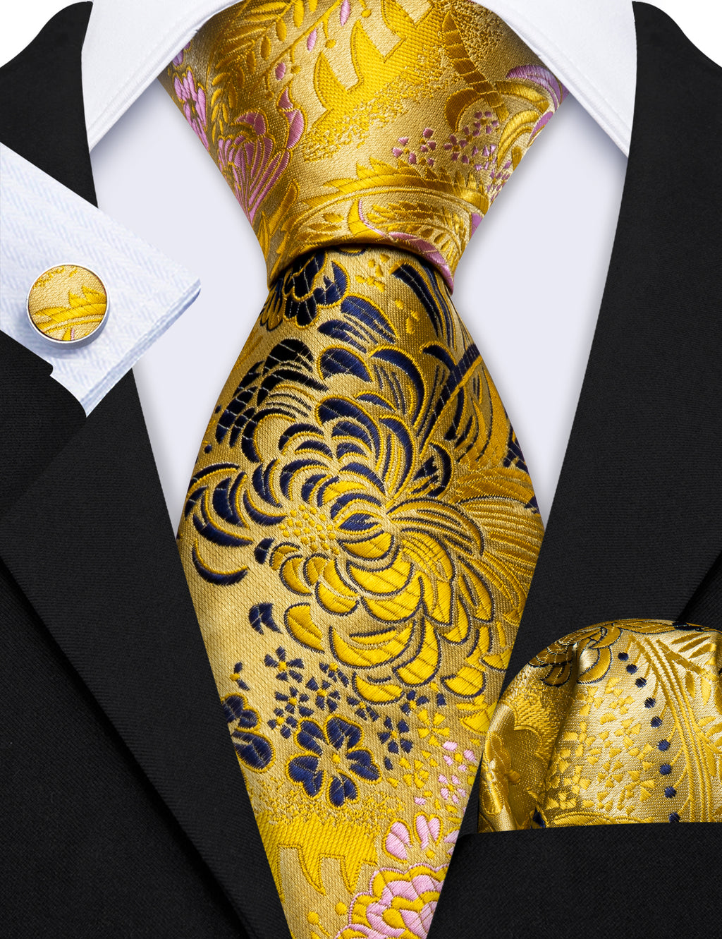 Gold Blue Floral Silk Tie, Pocket Square and Cufflinks Set tie sets - Sophisticated Gentlemen