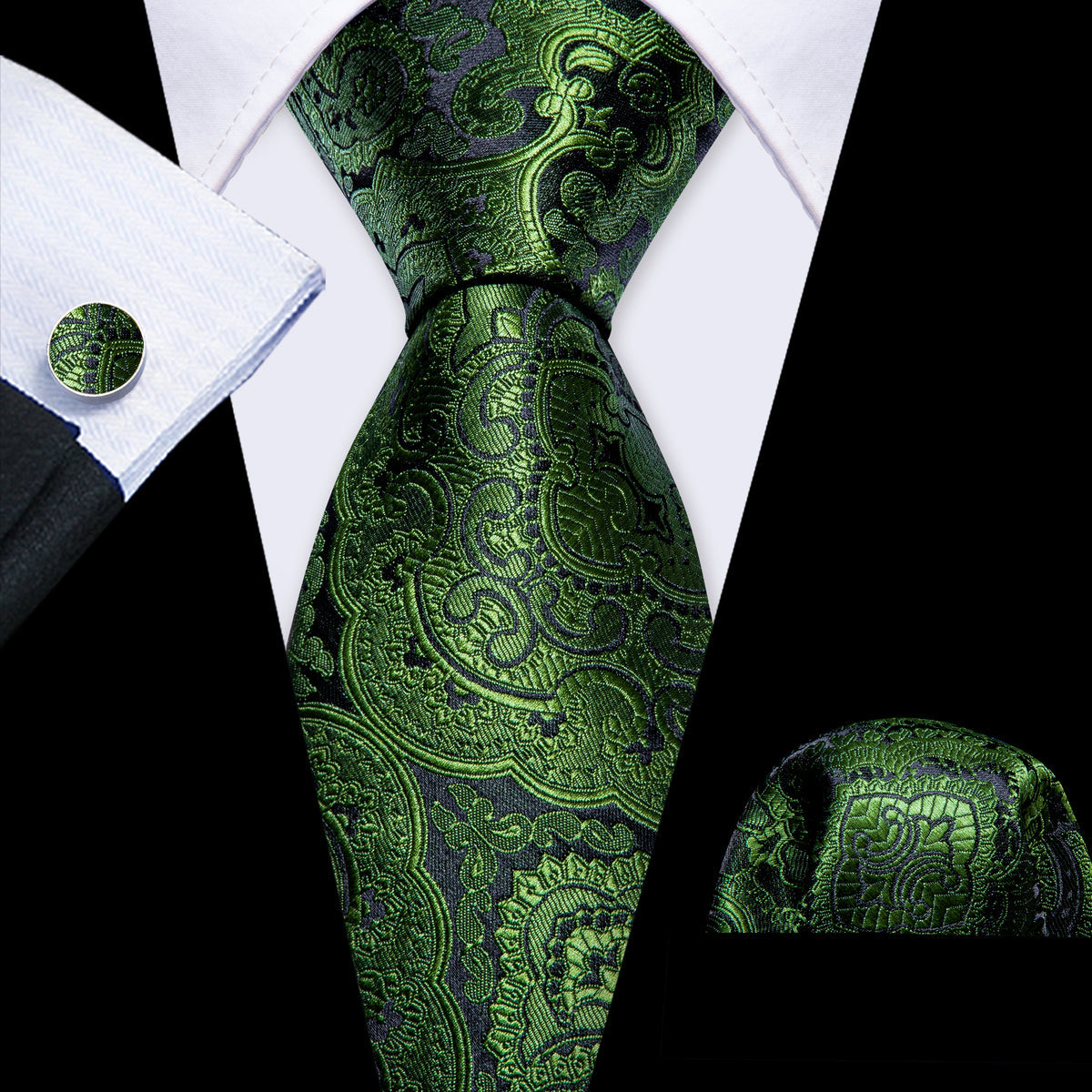 Olive Paisley Silk Tie, Pocket Square and Cufflinks Set tie sets - Sophisticated Gentlemen