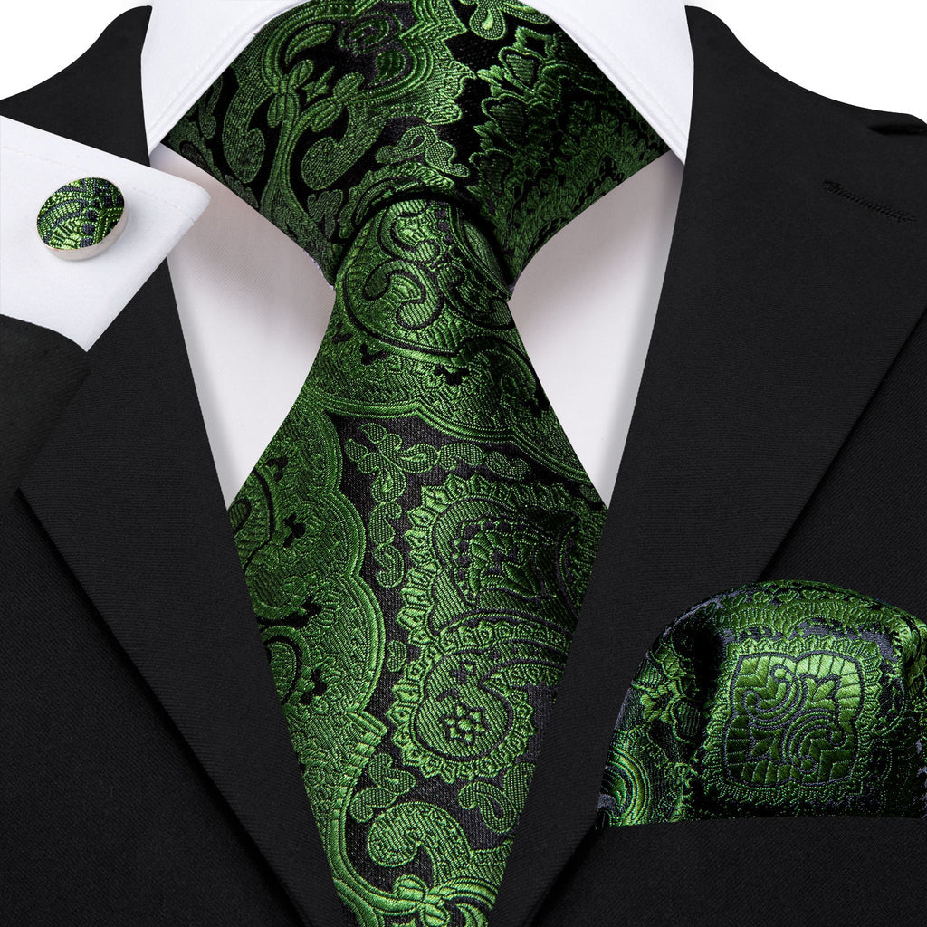 Olive Paisley Silk Tie, Pocket Square and Cufflinks Set tie sets - Sophisticated Gentlemen