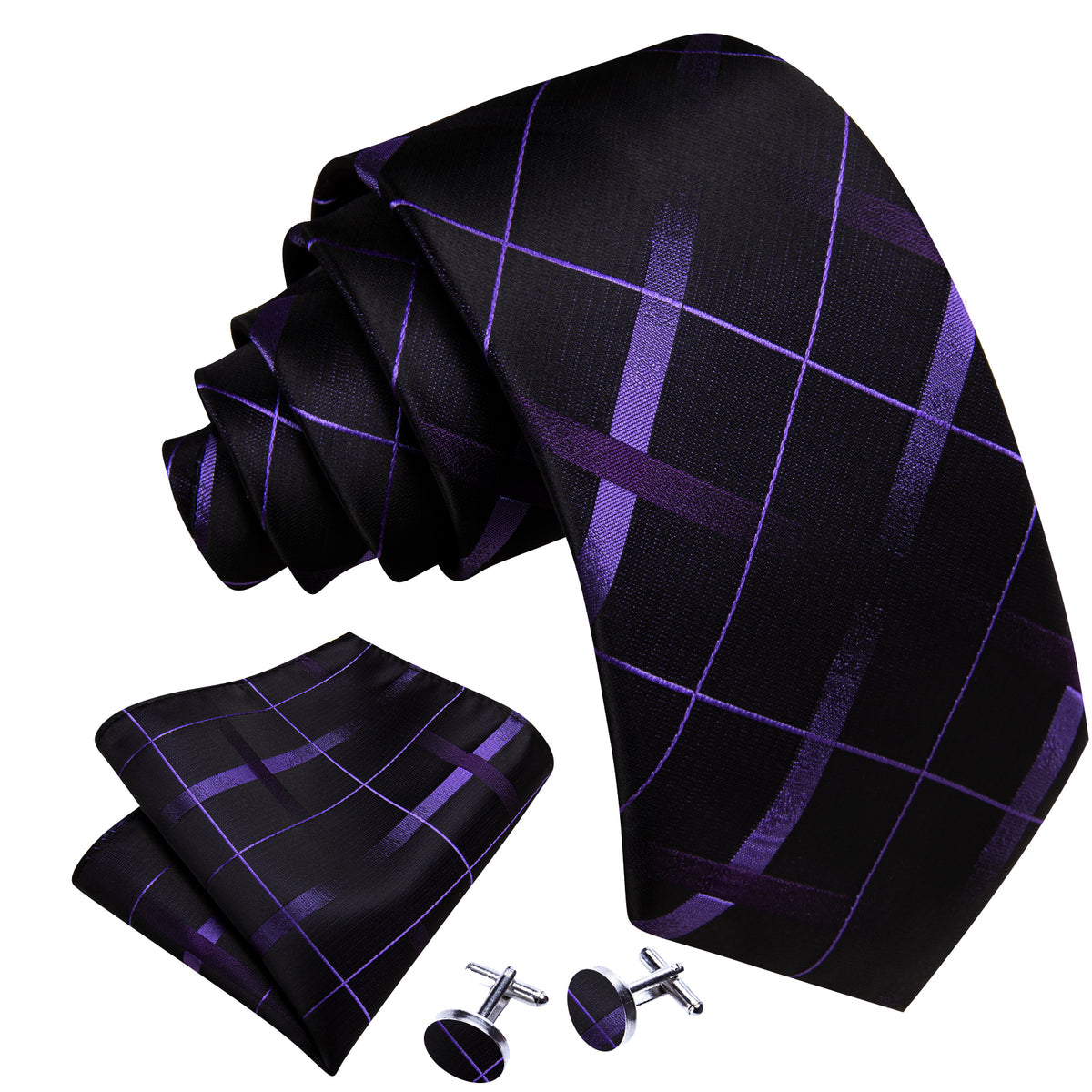 Black Purple Plaid Silk Tie, Pocket Square and Cufflinks Set tie sets - Sophisticated Gentlemen