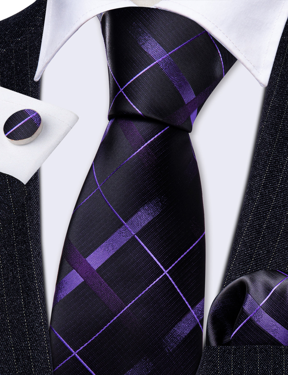 Black Purple Plaid Silk Tie, Pocket Square and Cufflinks Set tie sets - Sophisticated Gentlemen