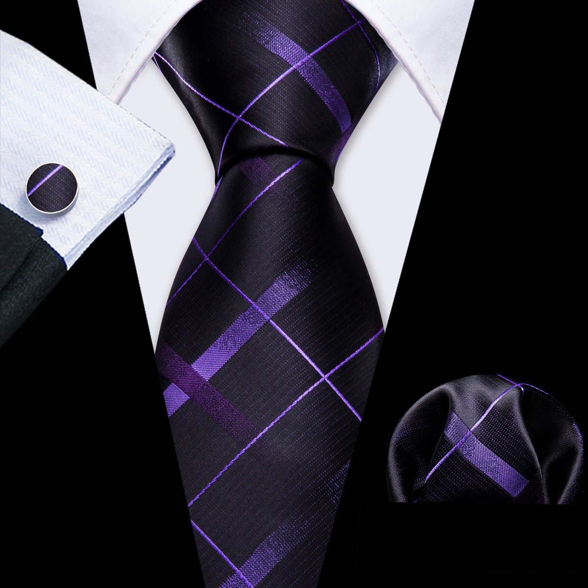 Black Purple Plaid Silk Tie, Pocket Square and Cufflinks Set tie sets - Sophisticated Gentlemen