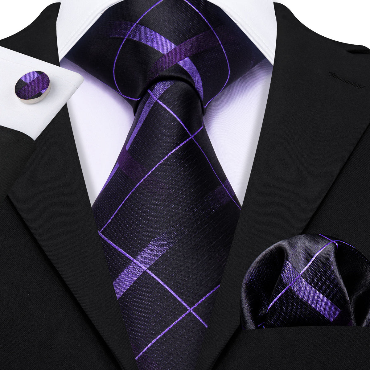 Black Purple Plaid Silk Tie, Pocket Square and Cufflinks Set tie sets - Sophisticated Gentlemen