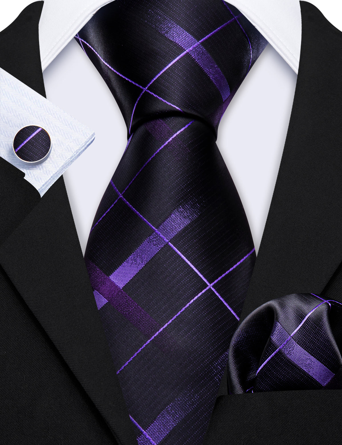 Black Purple Plaid Silk Tie, Pocket Square and Cufflinks Set tie sets - Sophisticated Gentlemen