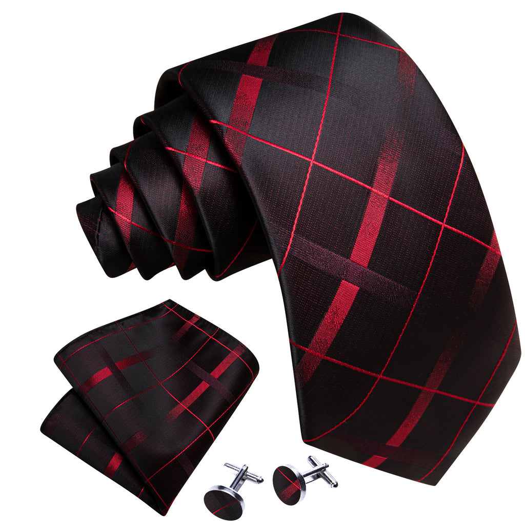 Black Red Plaid Silk Tie, Pocket Square and Cufflinks Set tie sets - Sophisticated Gentlemen