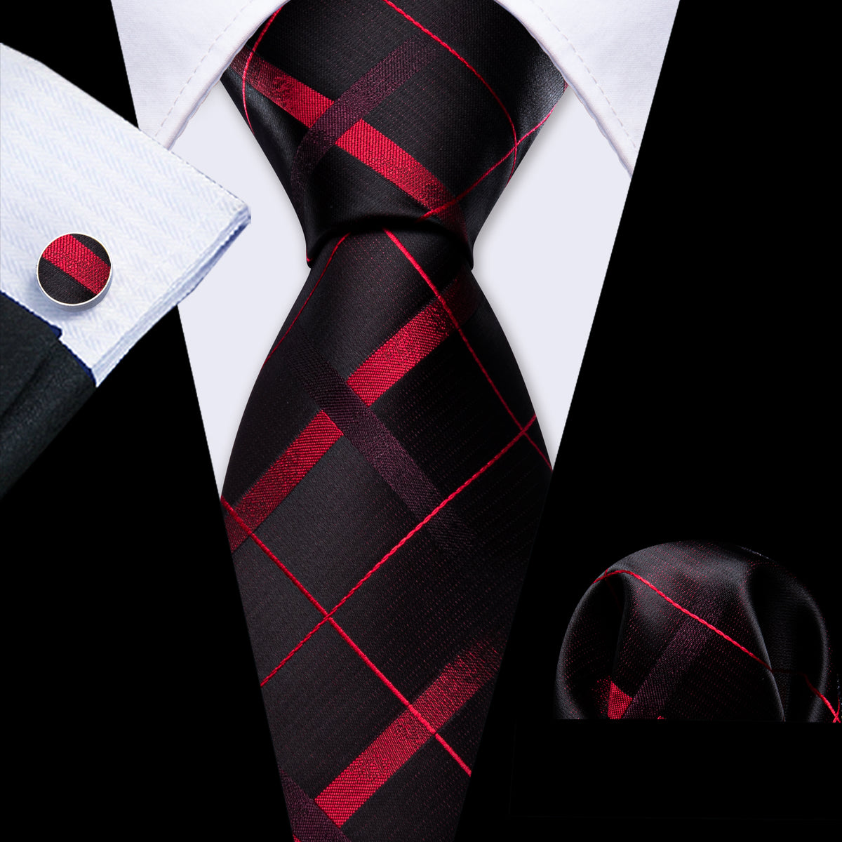 Black Red Plaid Silk Tie, Pocket Square and Cufflinks Set tie sets - Sophisticated Gentlemen