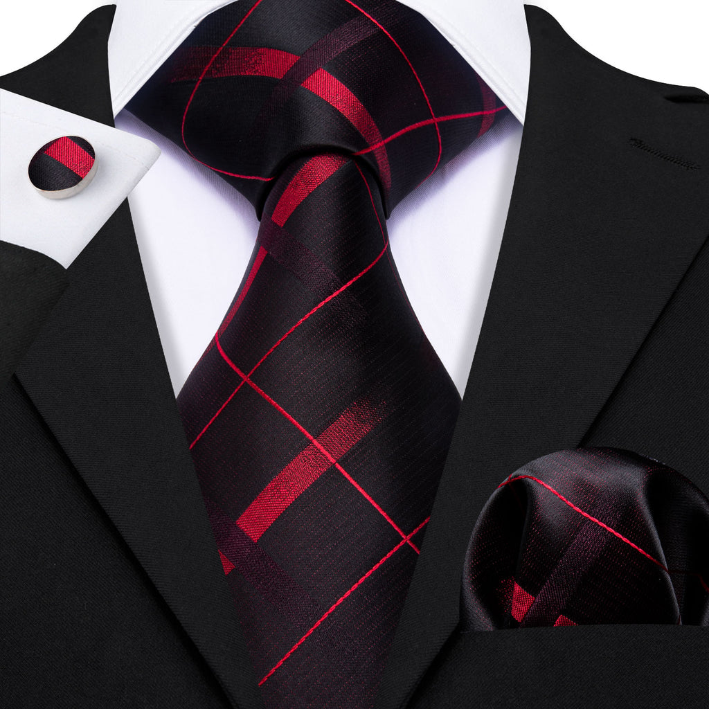 Black Red Plaid Silk Tie, Pocket Square and Cufflinks Set tie sets - Sophisticated Gentlemen
