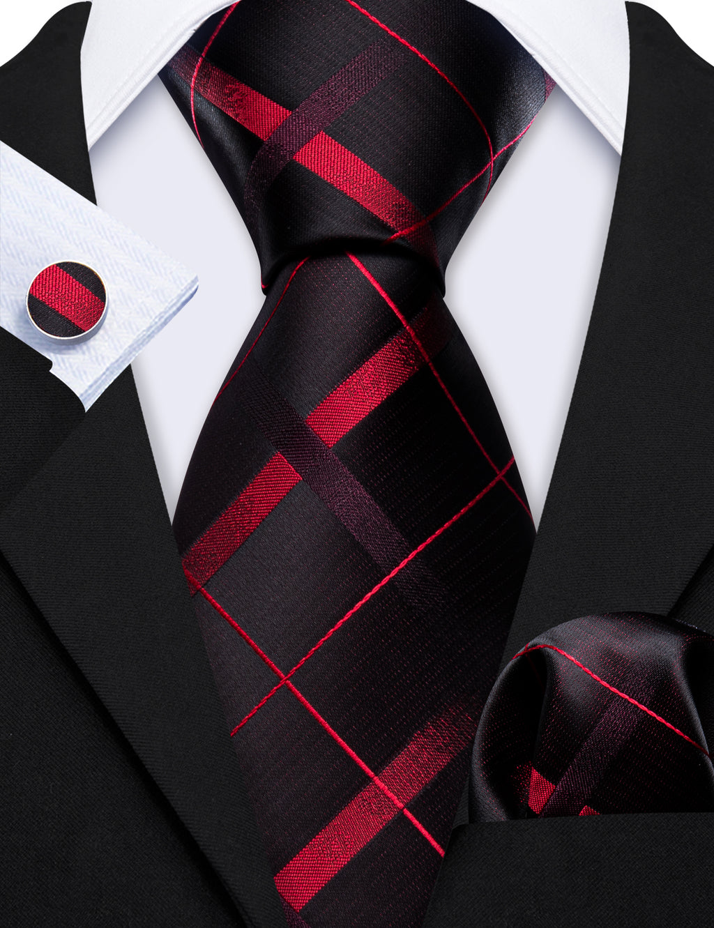 Black Red Plaid Silk Tie, Pocket Square and Cufflinks Set tie sets - Sophisticated Gentlemen