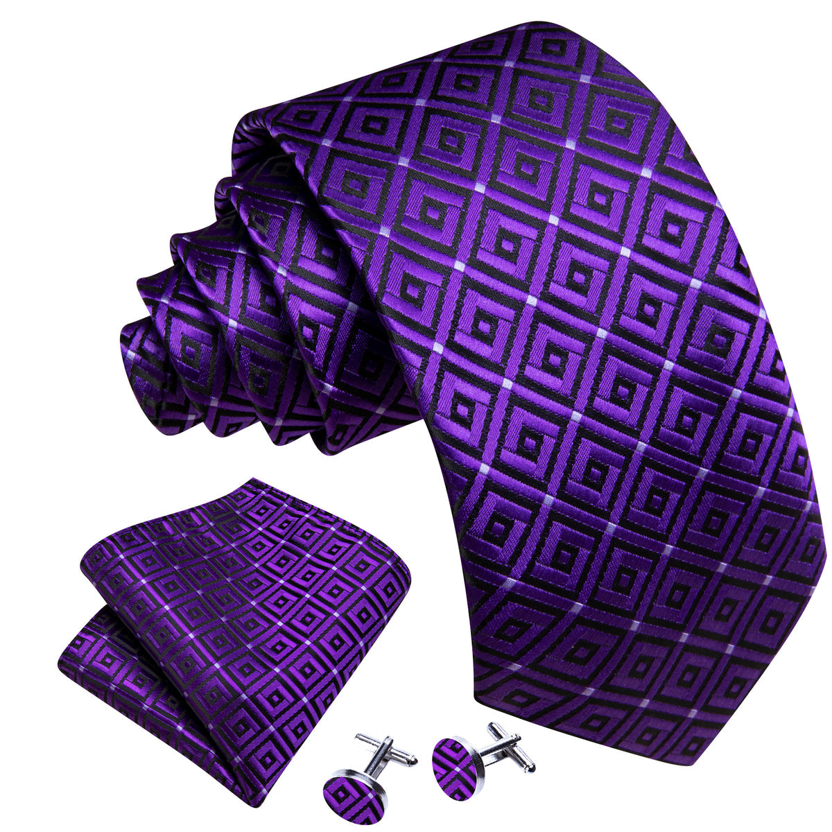 Purple Hyacinth Plaid Silk Tie, Pocket Square and Cufflinks Set tie sets - Sophisticated Gentlemen