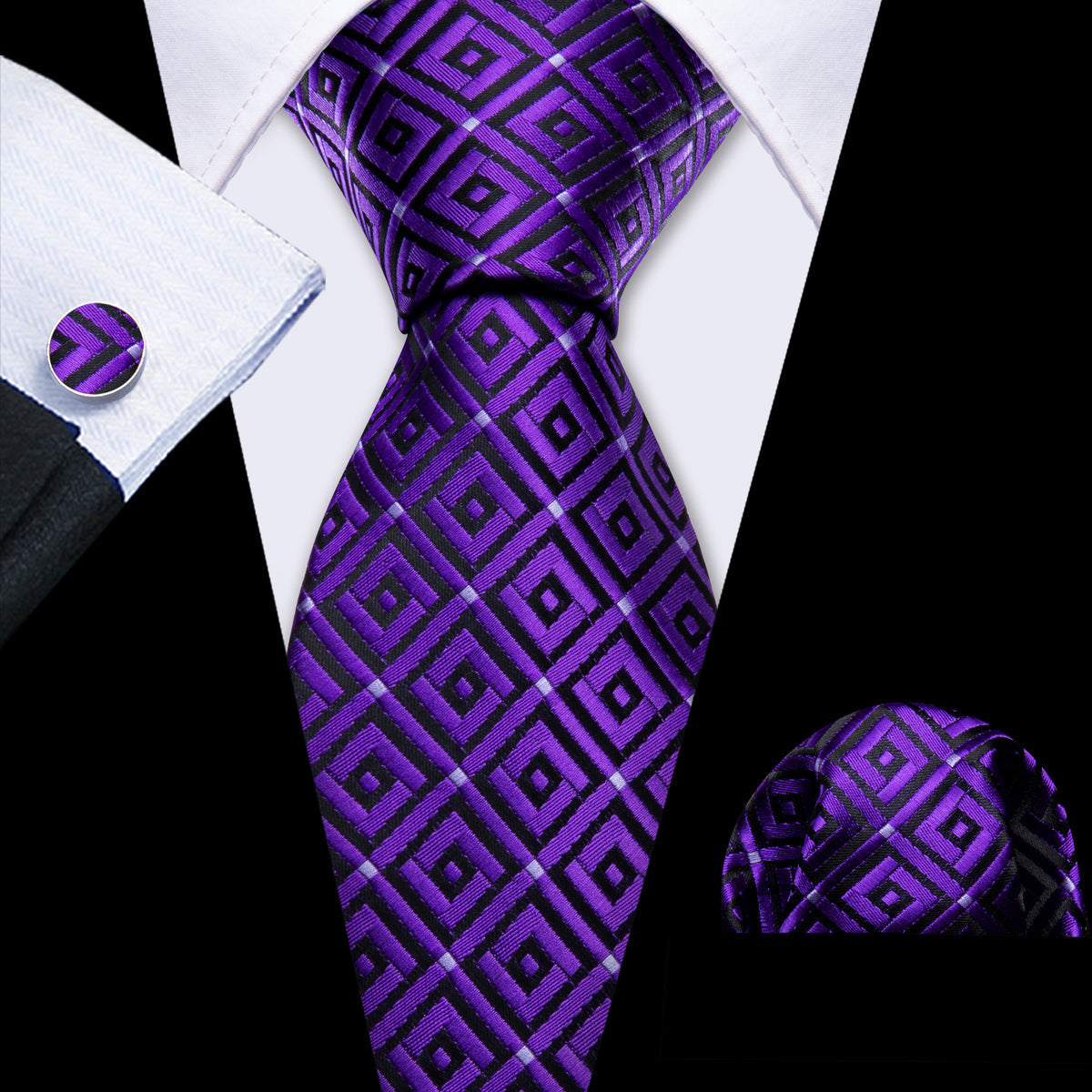 Purple Hyacinth Plaid Silk Tie, Pocket Square and Cufflinks Set tie sets - Sophisticated Gentlemen