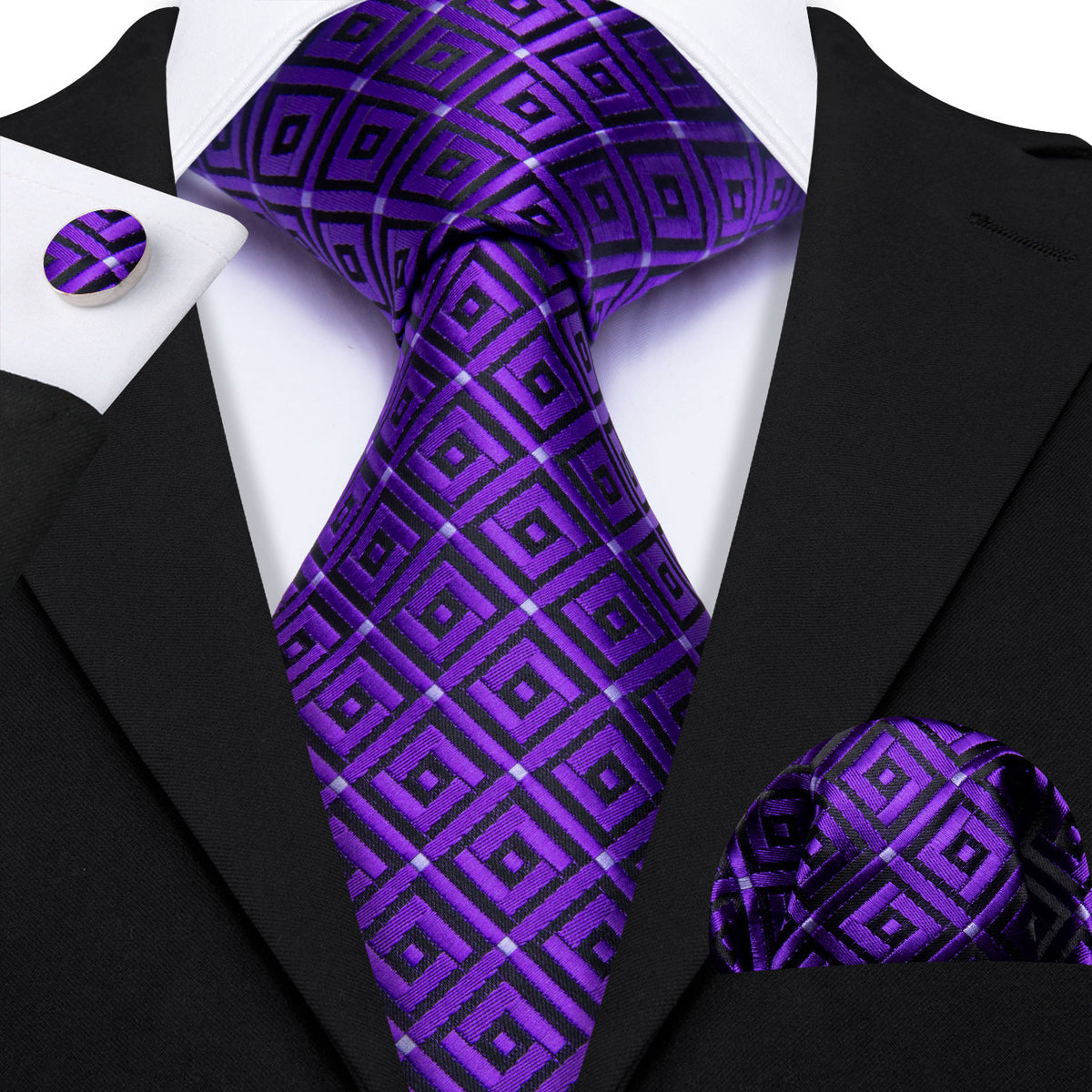 Purple Hyacinth Plaid Silk Tie, Pocket Square and Cufflinks Set tie sets - Sophisticated Gentlemen