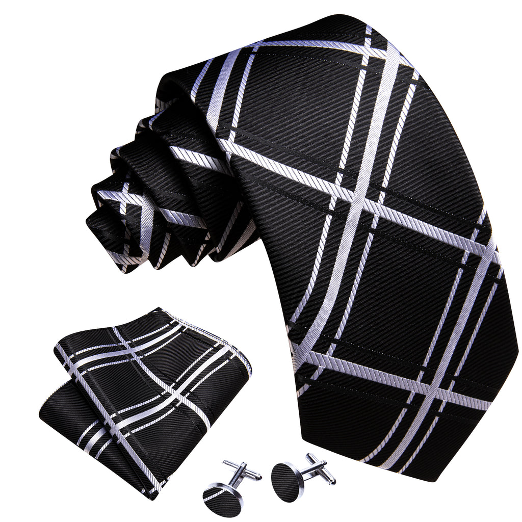 Black White Striped Silk Tie, Pocket Square and Cufflinks Set tie sets - Sophisticated Gentlemen