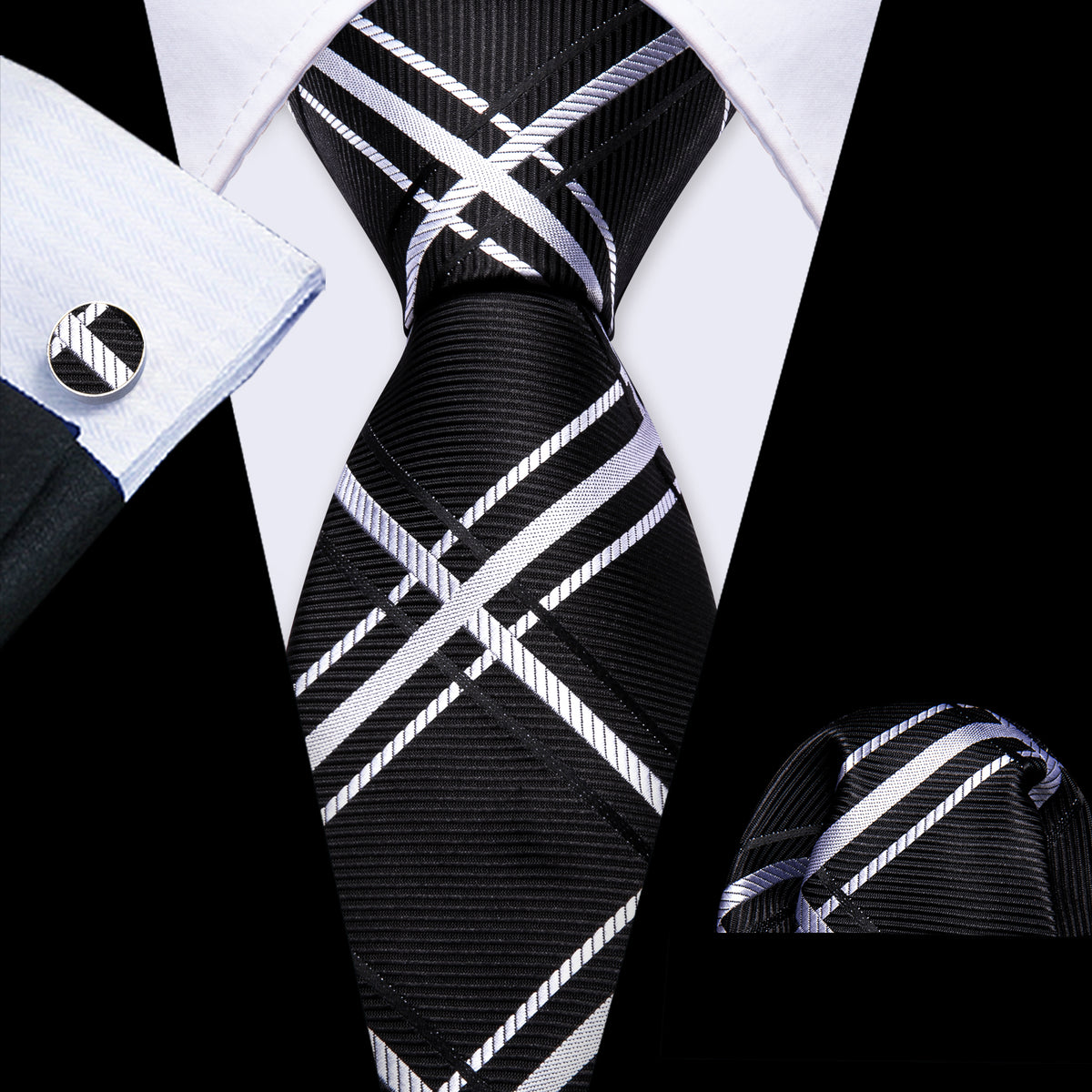 Black White Striped Silk Tie, Pocket Square and Cufflinks Set tie sets - Sophisticated Gentlemen