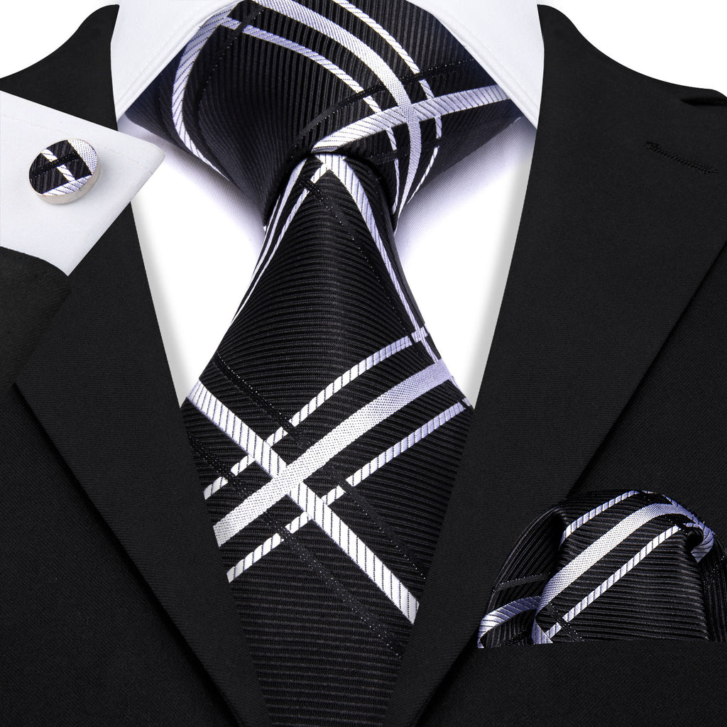 Black White Striped Silk Tie, Pocket Square and Cufflinks Set tie sets - Sophisticated Gentlemen