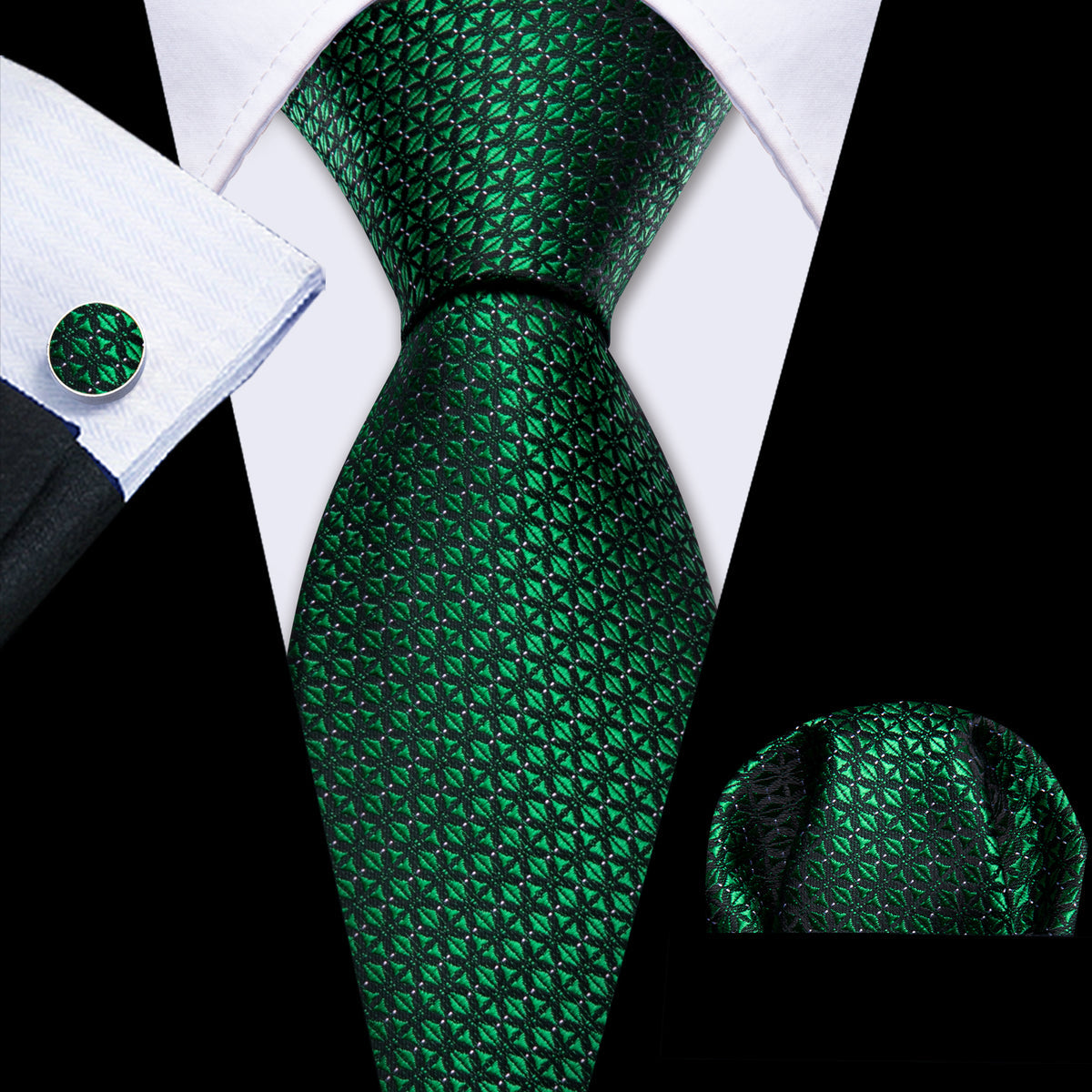 Green Novelty Plaid Silk Tie, Pocket Square and Cufflinks Set tie sets - Sophisticated Gentlemen