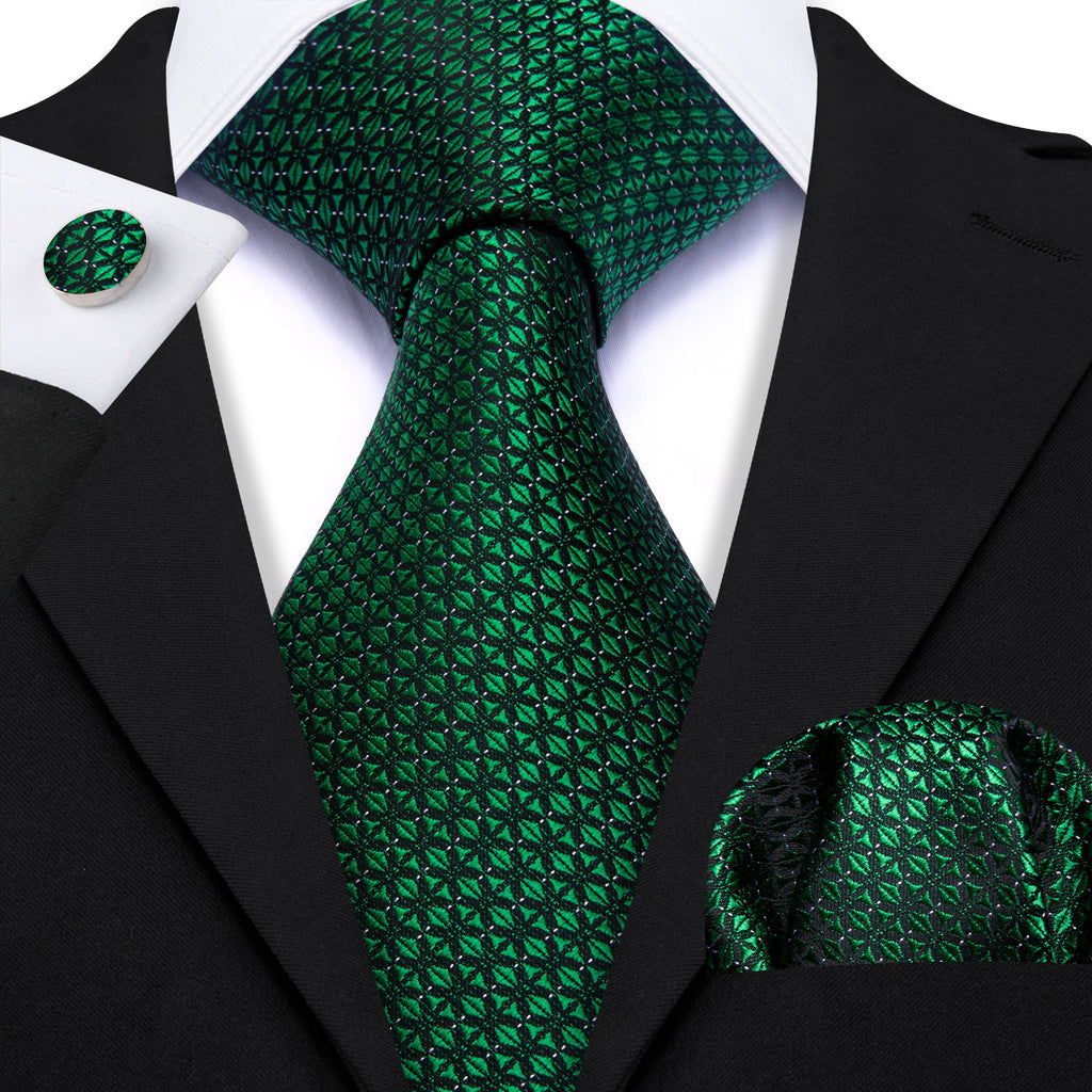 Green Novelty Plaid Silk Tie, Pocket Square and Cufflinks Set tie sets - Sophisticated Gentlemen